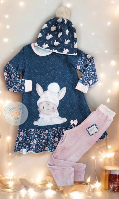 3tlg Set, Gr. 116, Hase, blau-rosa