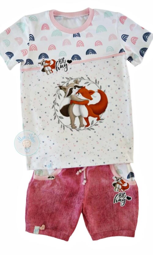 2tlg Set, Gr. 134, Waschbär und Fuchs, weiß-rosa