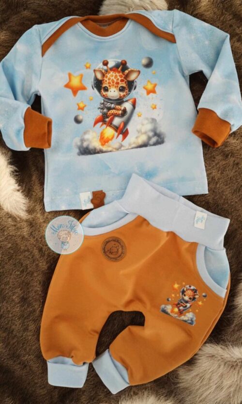 2tlg Baby-Set, Gr. 74, Giraffe, Weltall, blau-braun